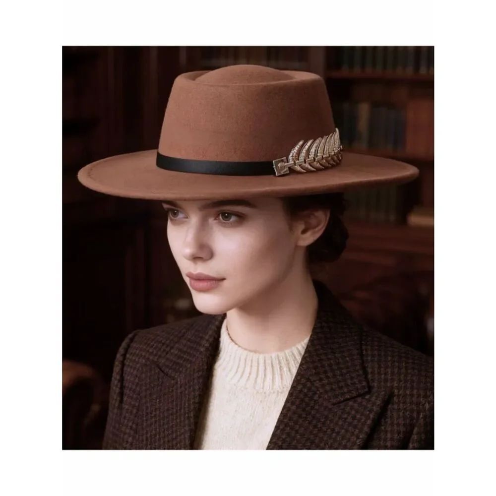 NWT Mocha Brown Flat Top Fedora Bolero Boater Hat Gold Leaf Band